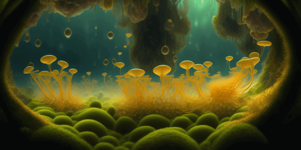 a surreal image indicative of mushrooms, water, and galaxies